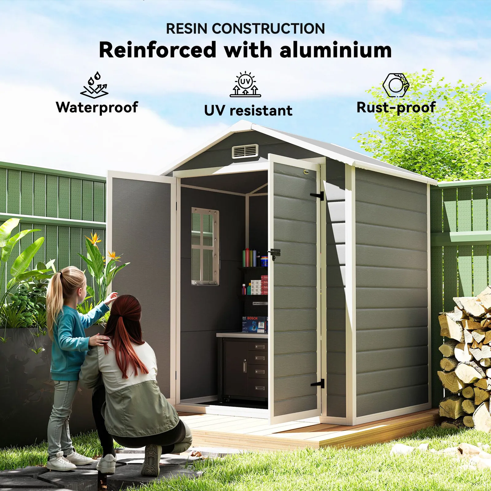 OUTSUNNY Lean to Garden Shed Plastic Tool Storage House w/ Lockable Door in Grey 5