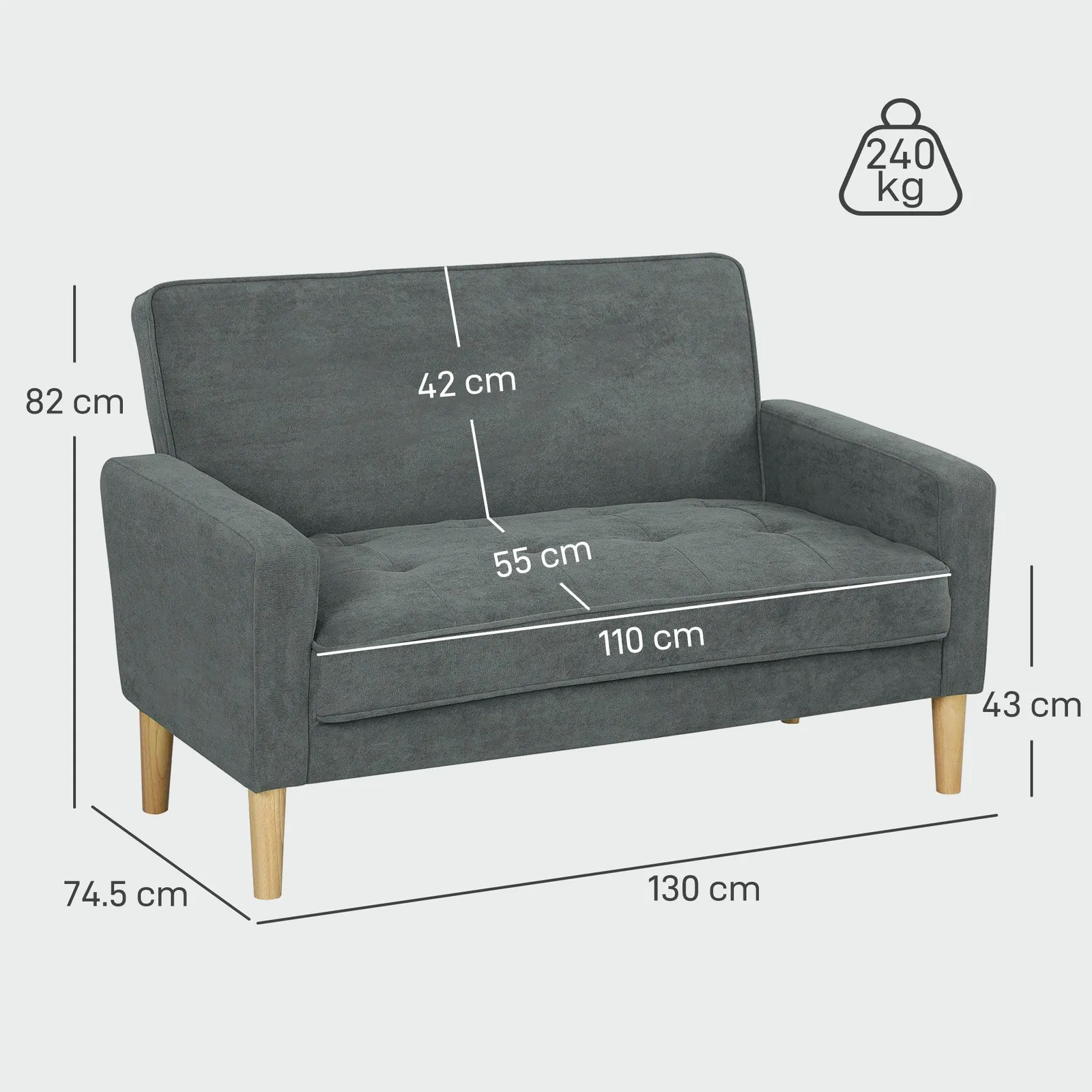 HOMCOM 2 Seater Sofa, Velvet Upholstered Loveseat for Small Space in Grey 3