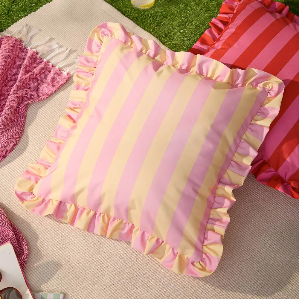 Furn Palm Royale Stripe Ruffle Printed Outdoor Cushion in Yellow