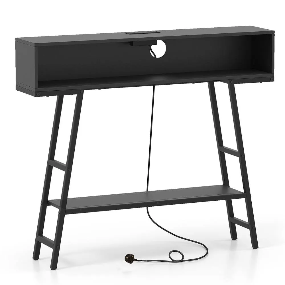 Costway 3-Tier Console Table Entryway Table Narrow Sofa Table w/ LED Light in Black 5