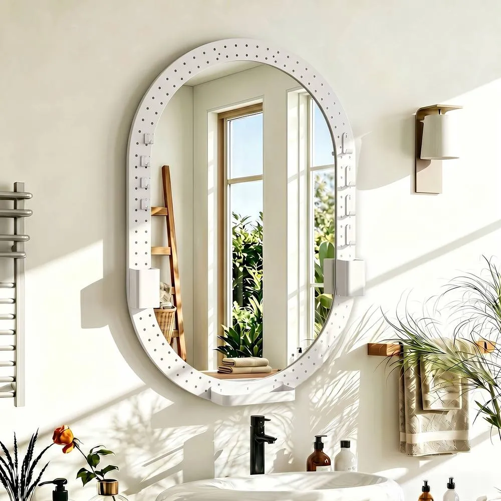 HOMCOM Oval Wall Mirror, 60 x 90 cm, Pegboard Frame, Wall-Mounted in White 2