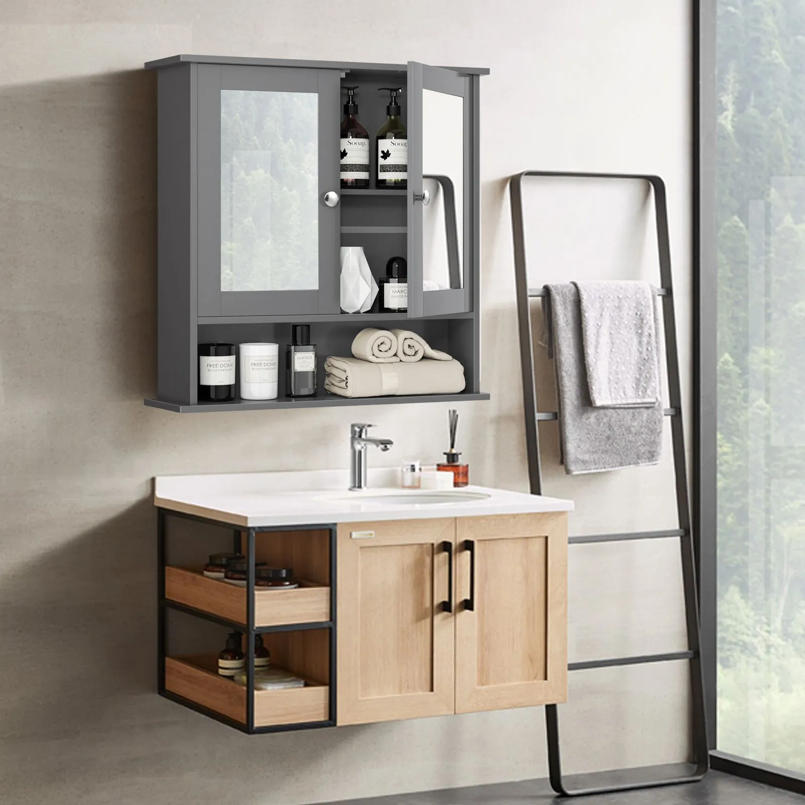 Costway Wall Mounted Bathroom Mirror Cabinet Wooden Storage Cupboard Medicine Organizer in Grey 4