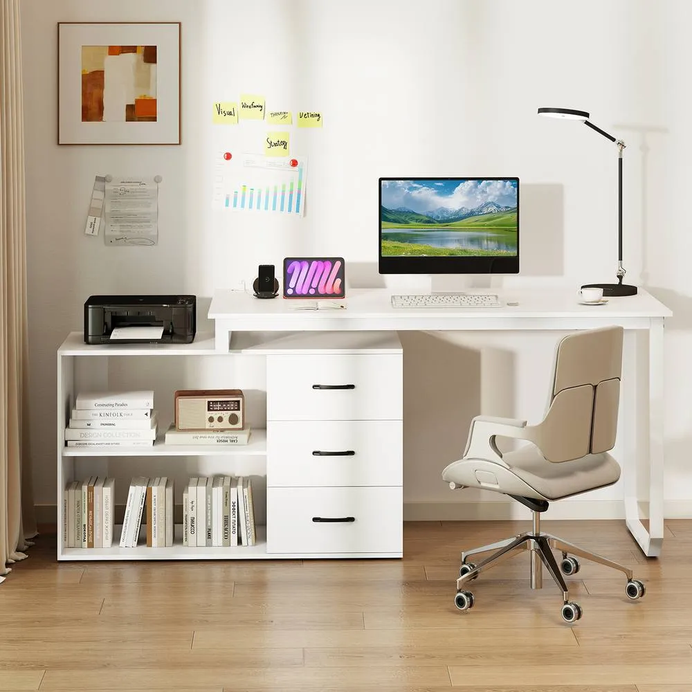 Costway 140 cm Reversible L Shaped Desk with 3 Drawers Home Office Desk in White 5