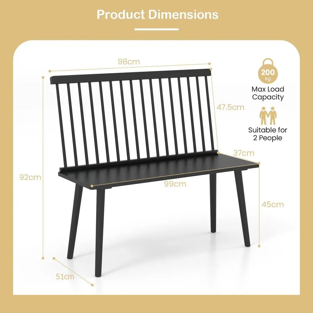 Costway Entryway Bench for 2 Rubber Wood Windsor Bench Loveseat w/ Backrest in Black 2
