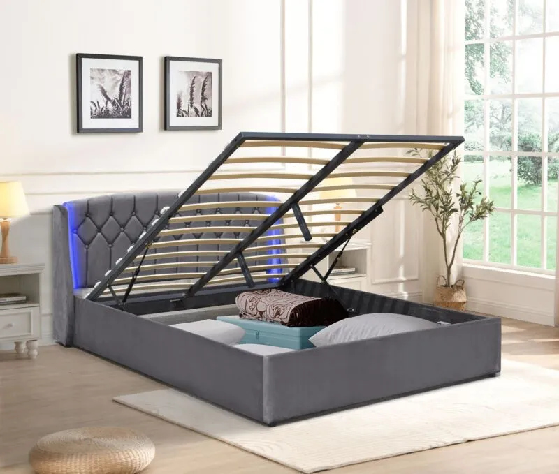 Comfy Living Ltd Fabric Gaslift Bedframe With LED Headboard Feature in Grey 1