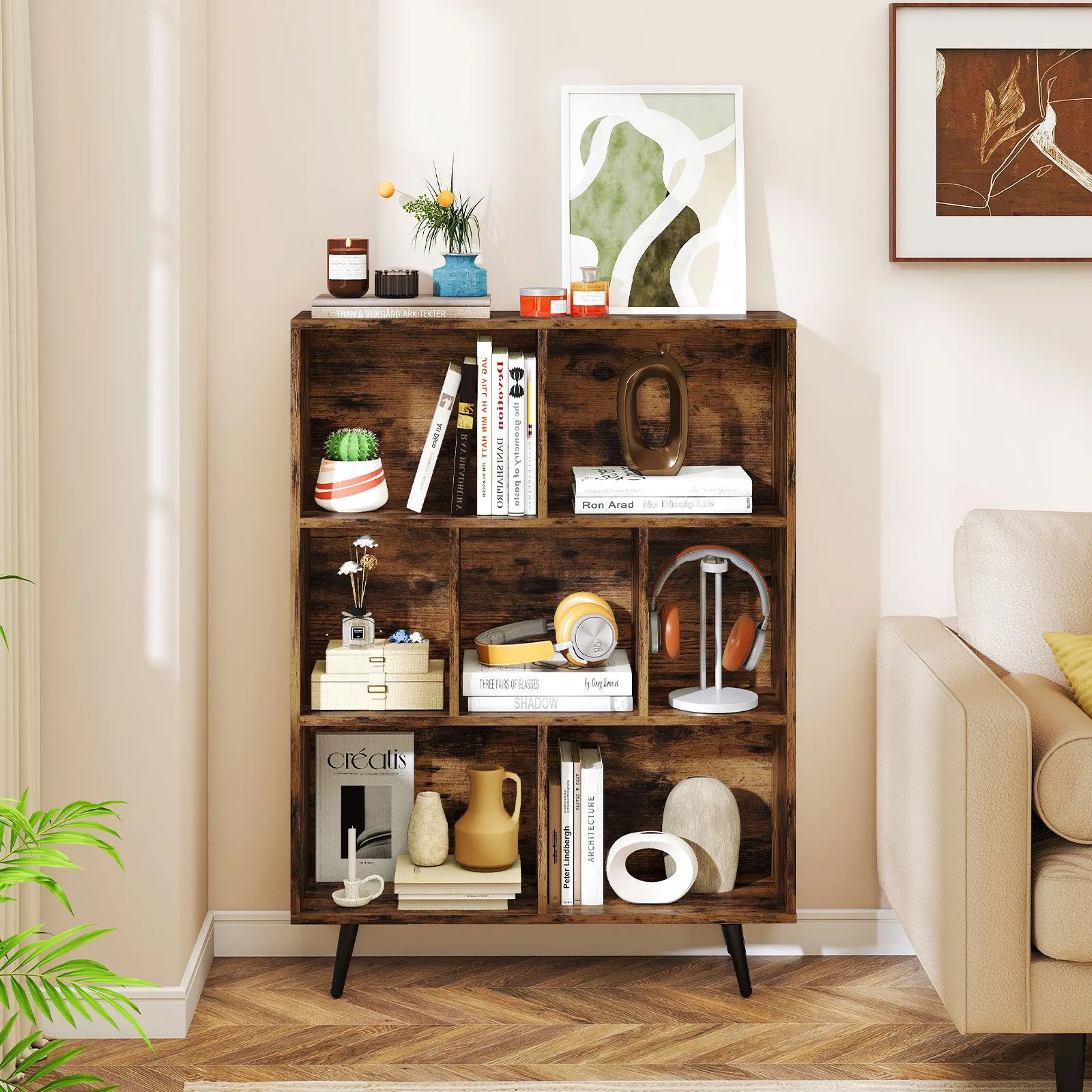 Costway 7-Cube Bookcase Mid Century Modern Storage Organizer in Brown 3