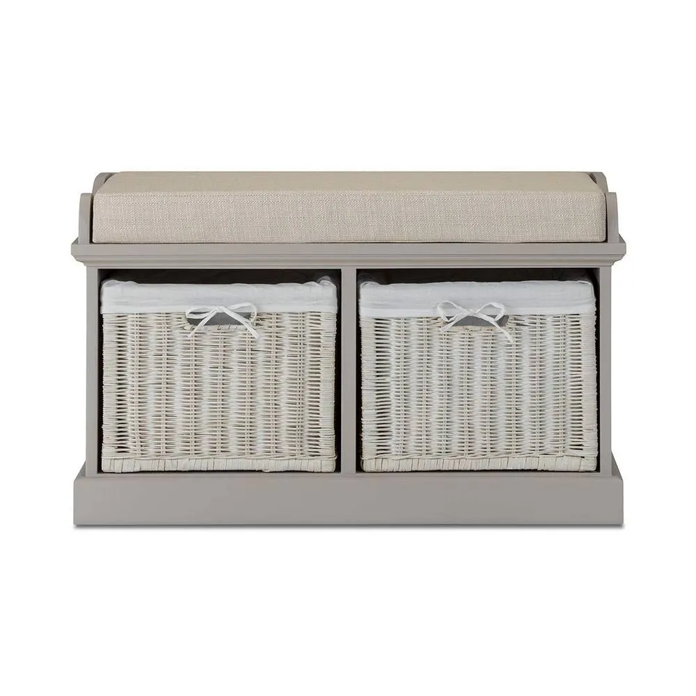 Statement Furniture Tetbury Bench with 2 White Wicker Baskets & Cream Cushion in Taupe 3