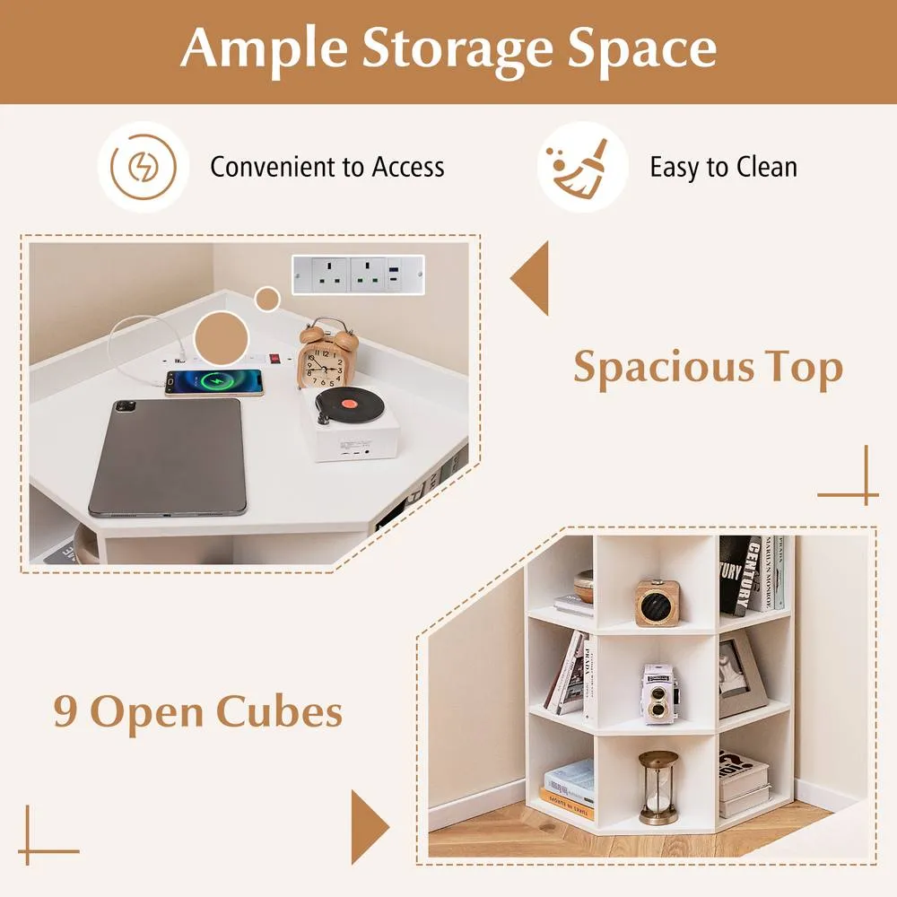 Costway 4-Tier Wooden Corner Bookcase 9 Cubbies Bookshelf w/ Charging Station in White 4