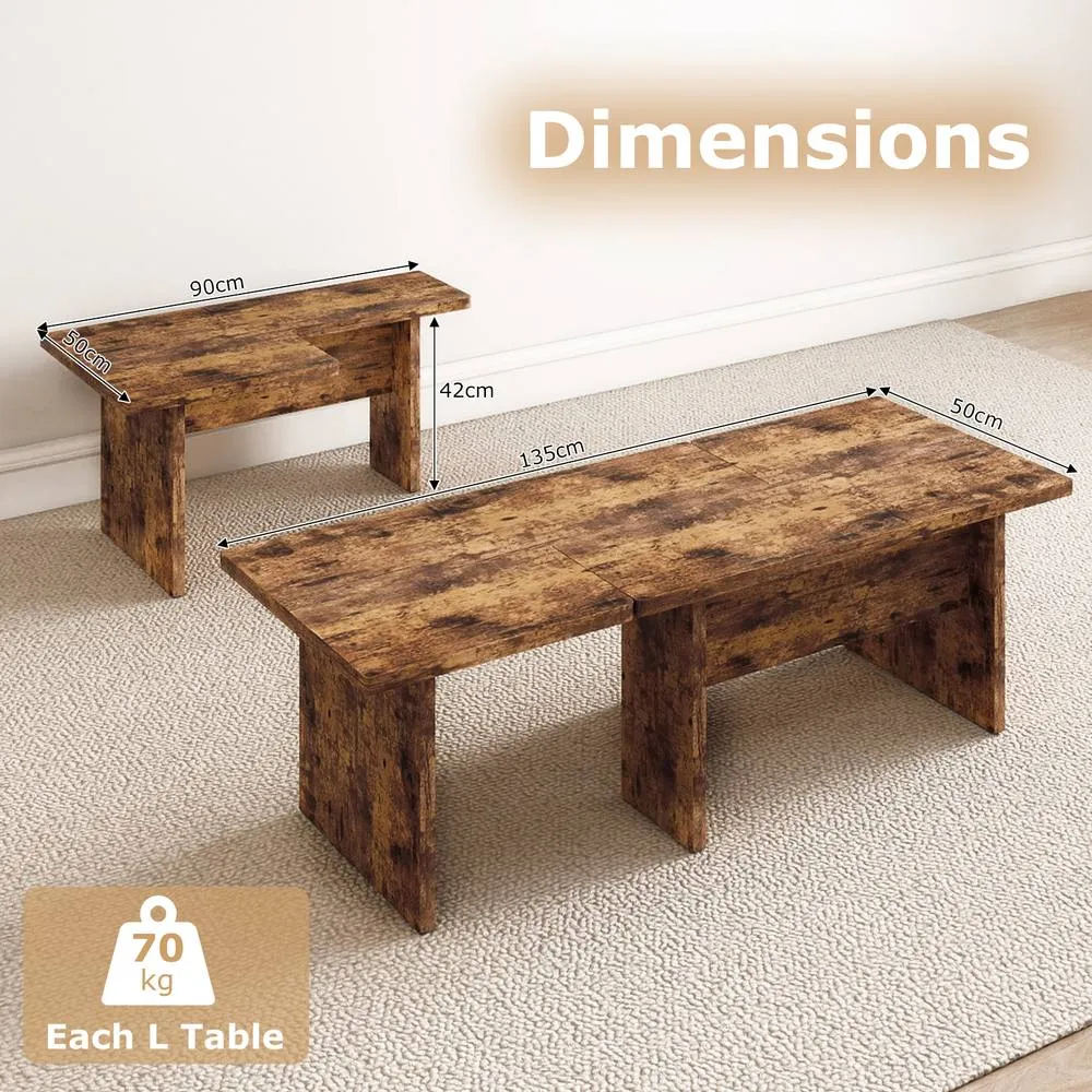 Costway 2PCS Modular Coffee Table Industrial Center Tables Wooden Side Table in Walnut 3