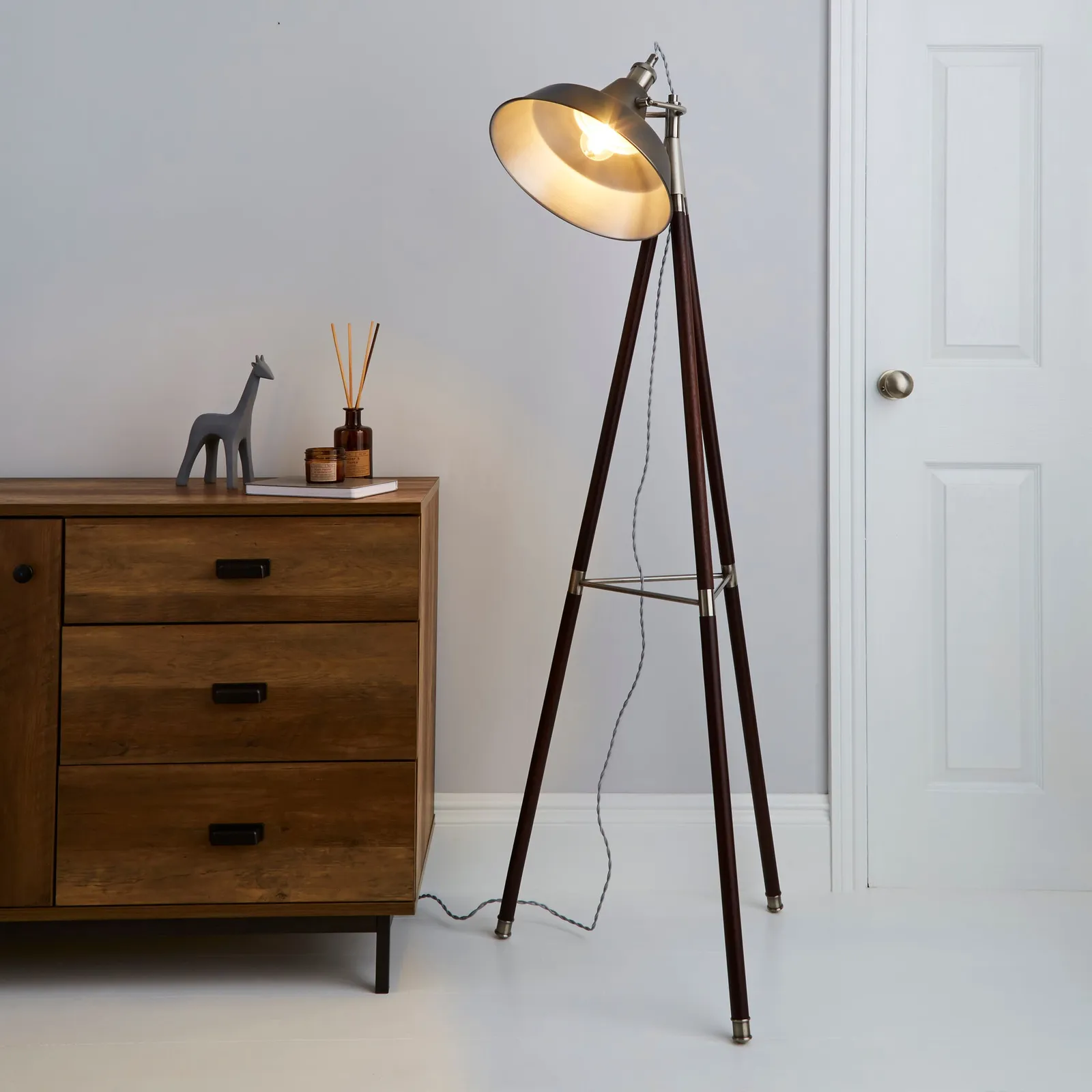 Lucas Tripod Dark Wood Industrial Floor Lamp Grey