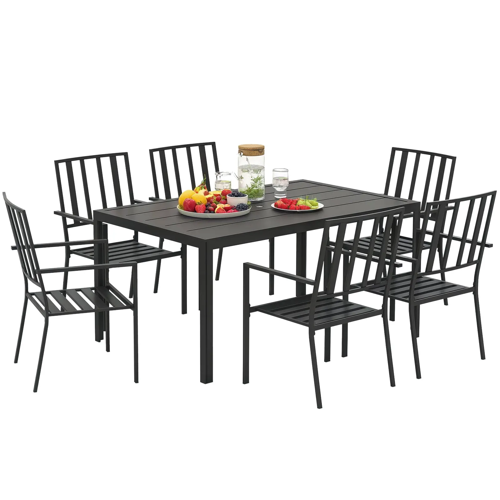 OUTSUNNY 7 PCs Garden Dining Set w/ Stackable Chairs & Metal Top Table in Black 2