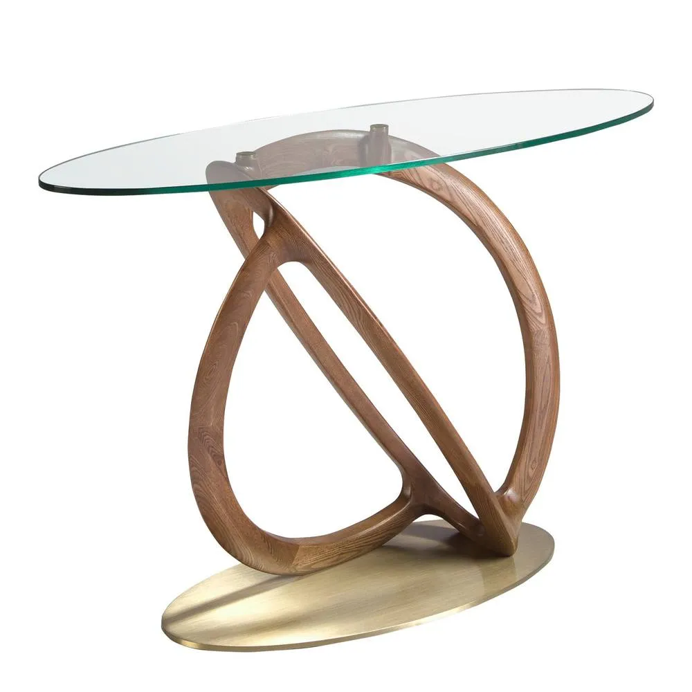 Angel Cerda Oval Console Table Tempered Glass Top, Walnut Legs