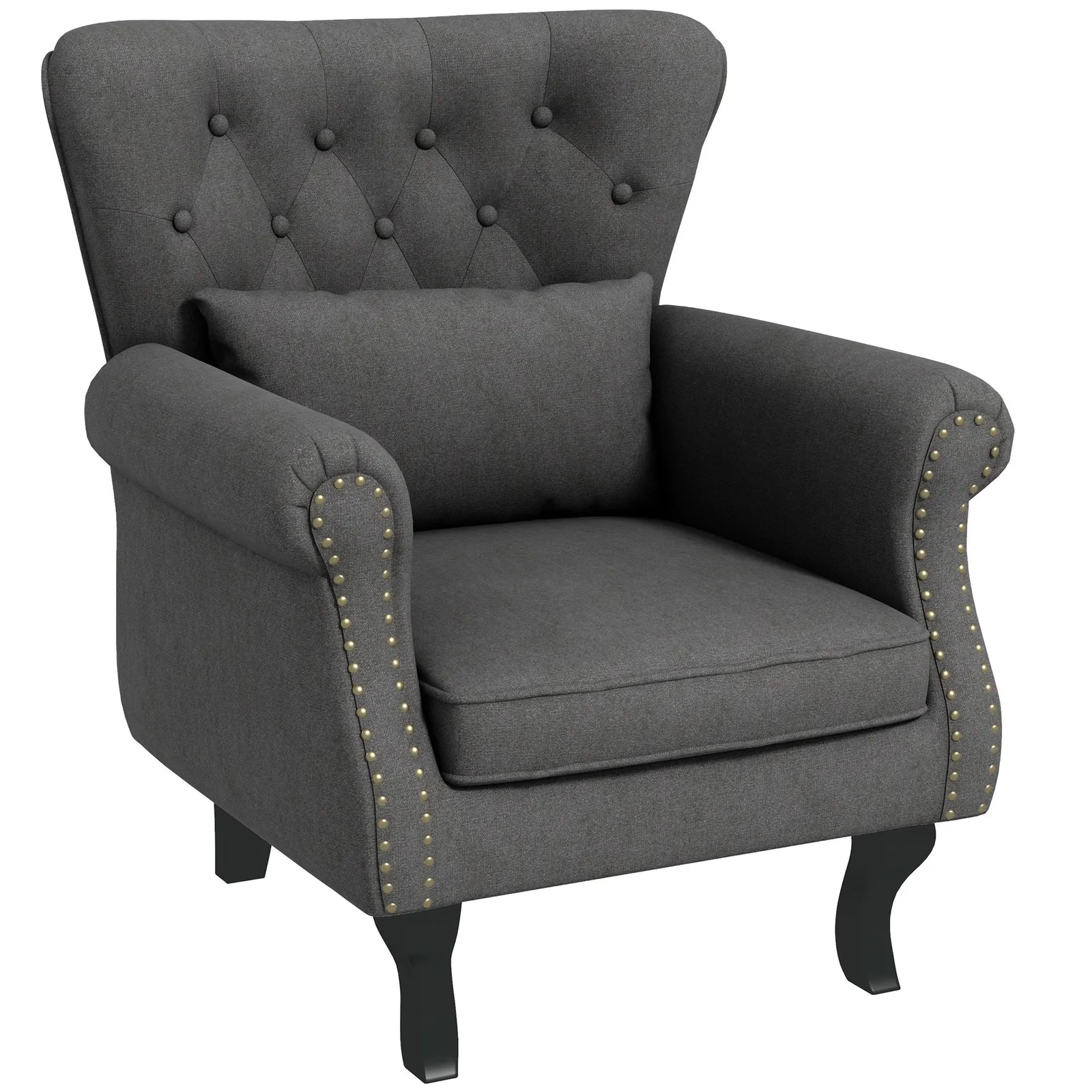 HOMCOM Chesterfield style Accent Chair Tufted Wingback Armchair with Pillow in Dark Grey 2