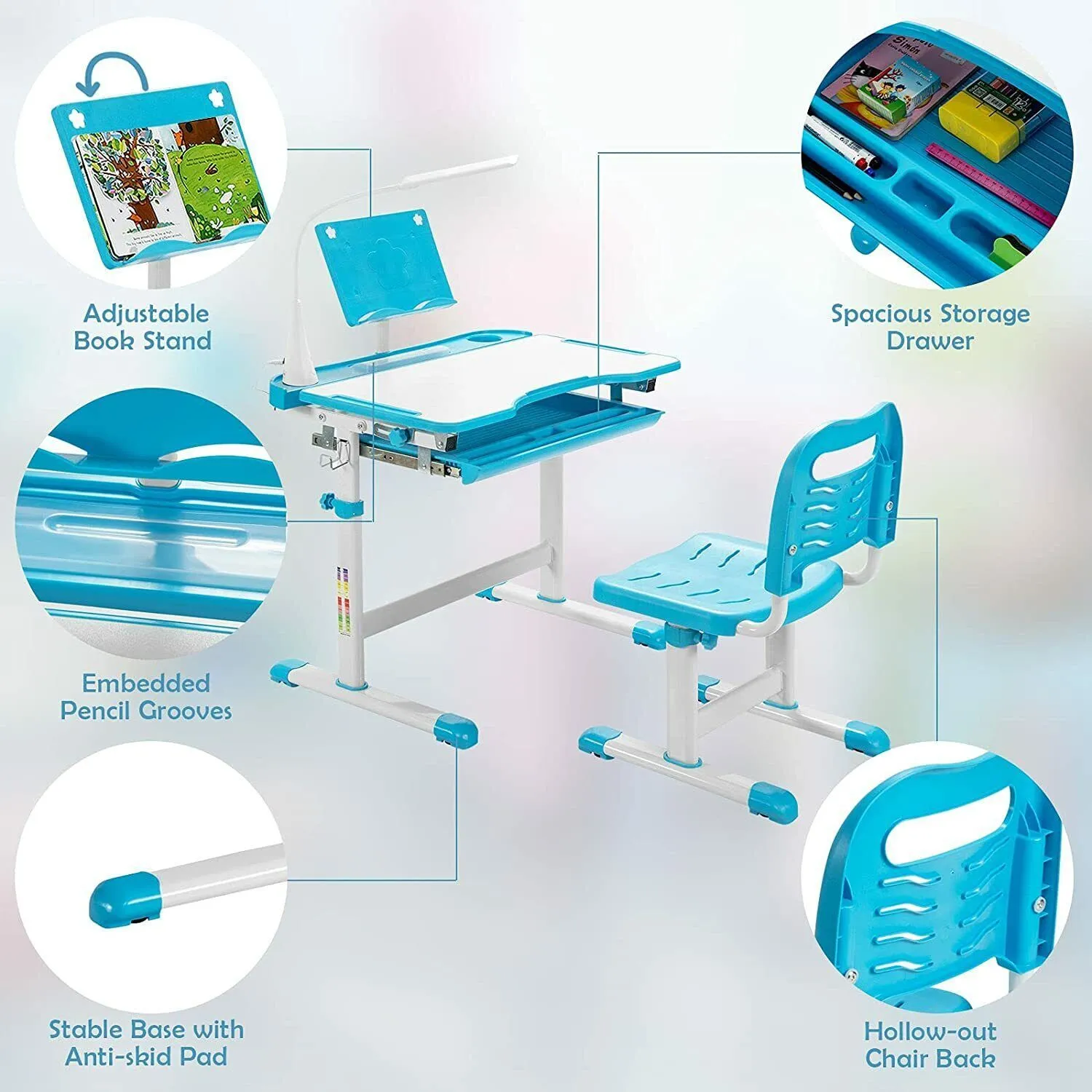 Costway Height Adjustable Study Table & Chair Set w/Book Stand & LED Light in Blue 3