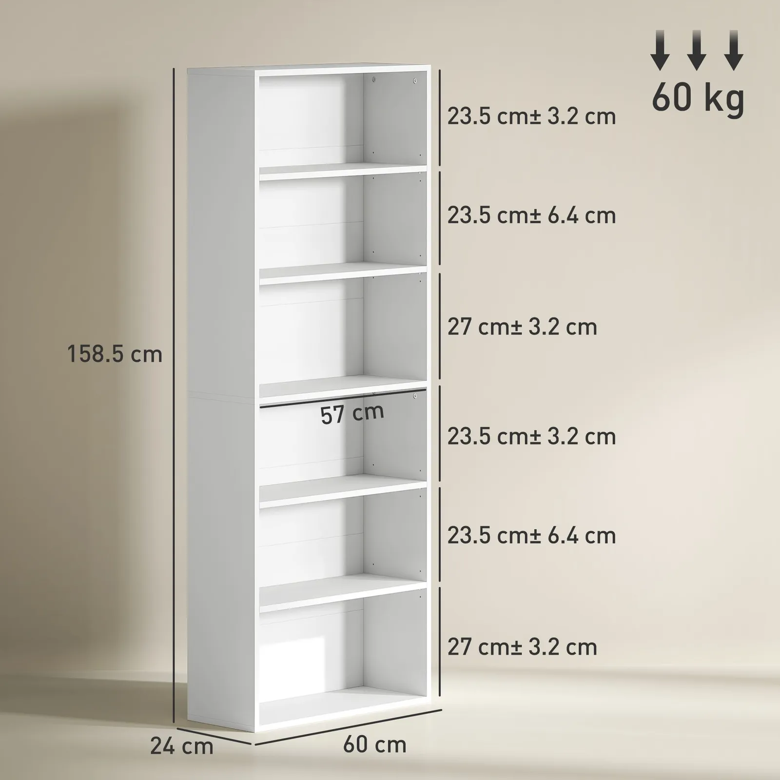 HOMCOM 6 Tier Bookshelf, Freestanding Bookcase with Adjustable Shelves, White 3