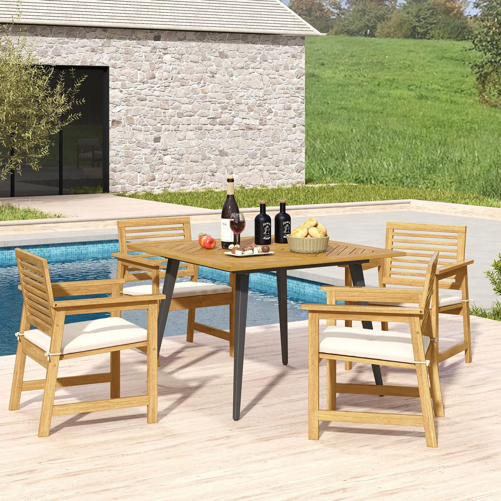 Costway Outdoor Dining Table for 4 Acacia Wood Patio Square Bistro Table w/ Umbrella Hole 107 x 107cm in Natural 2