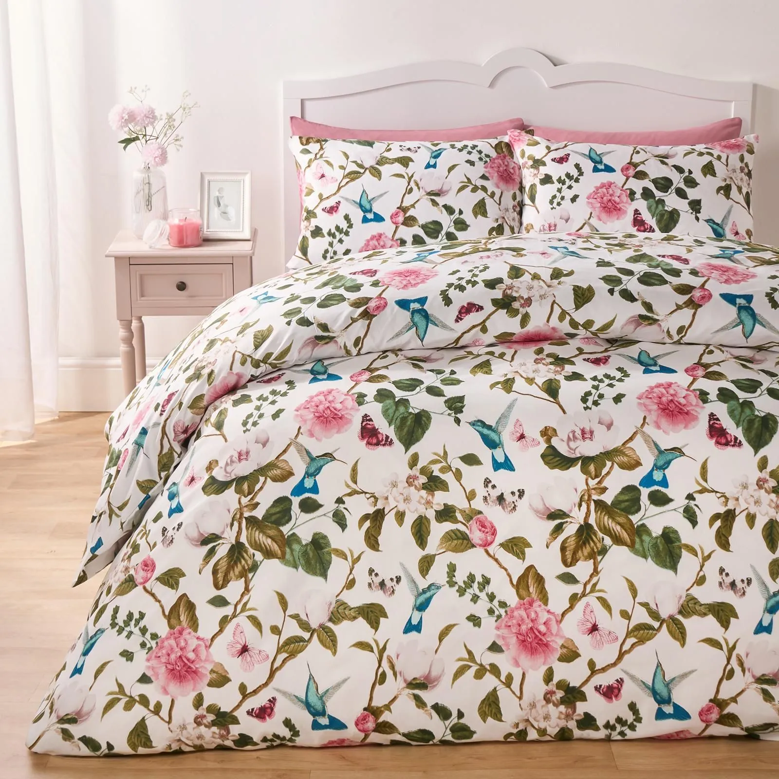 OHS Spring Duvet Cover Set Reversible Floral Bedding Pillowcases Blossoms in White
