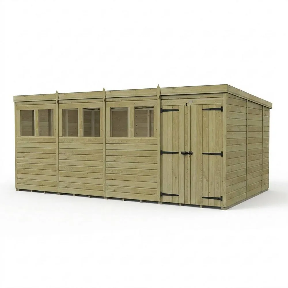 Buttercup Farm 16ft x 10ft Pent Garden Shed Double Door With Windows - Timber in Brown