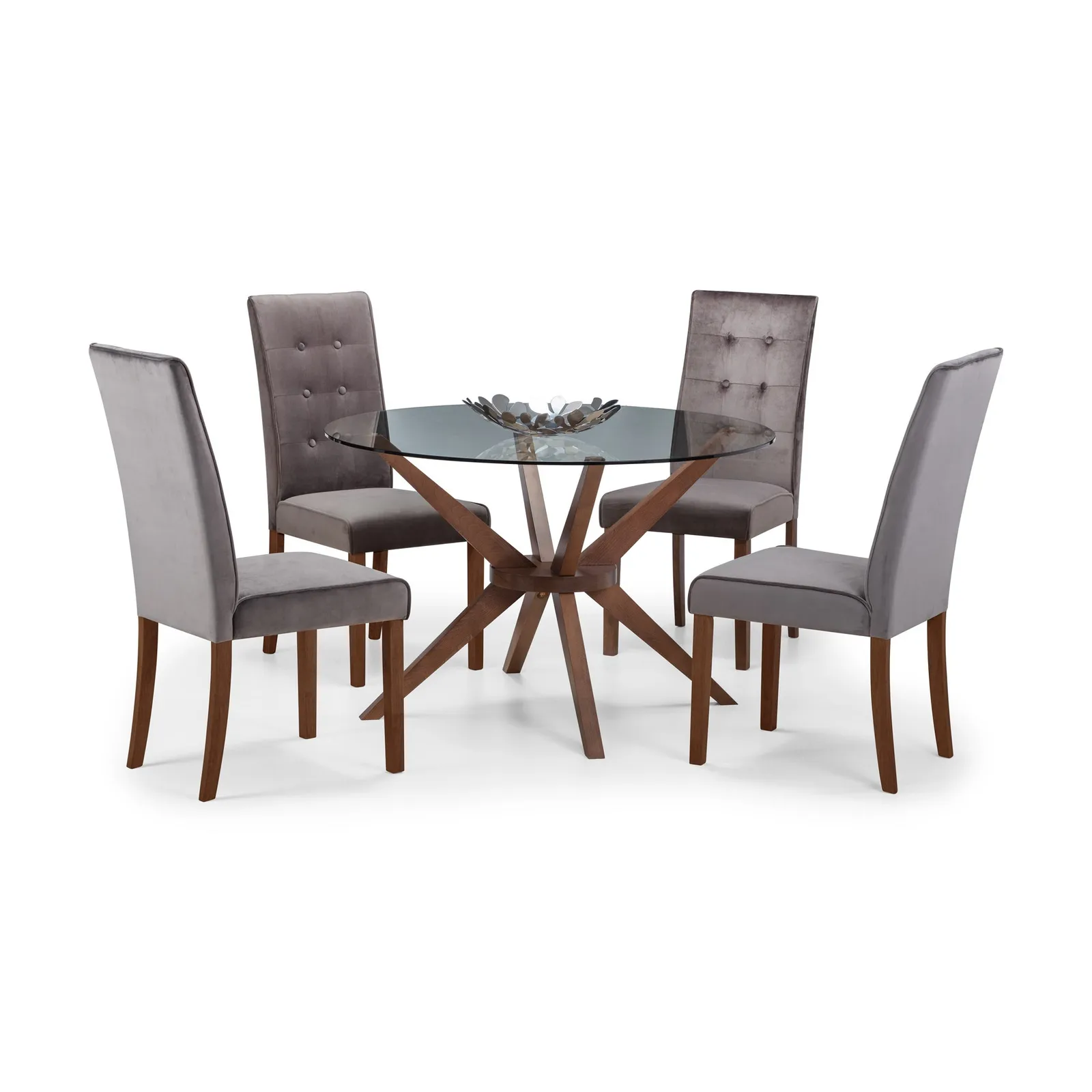 Chelsea Glass Dining Table with 4 Madrid Chairs Walnut