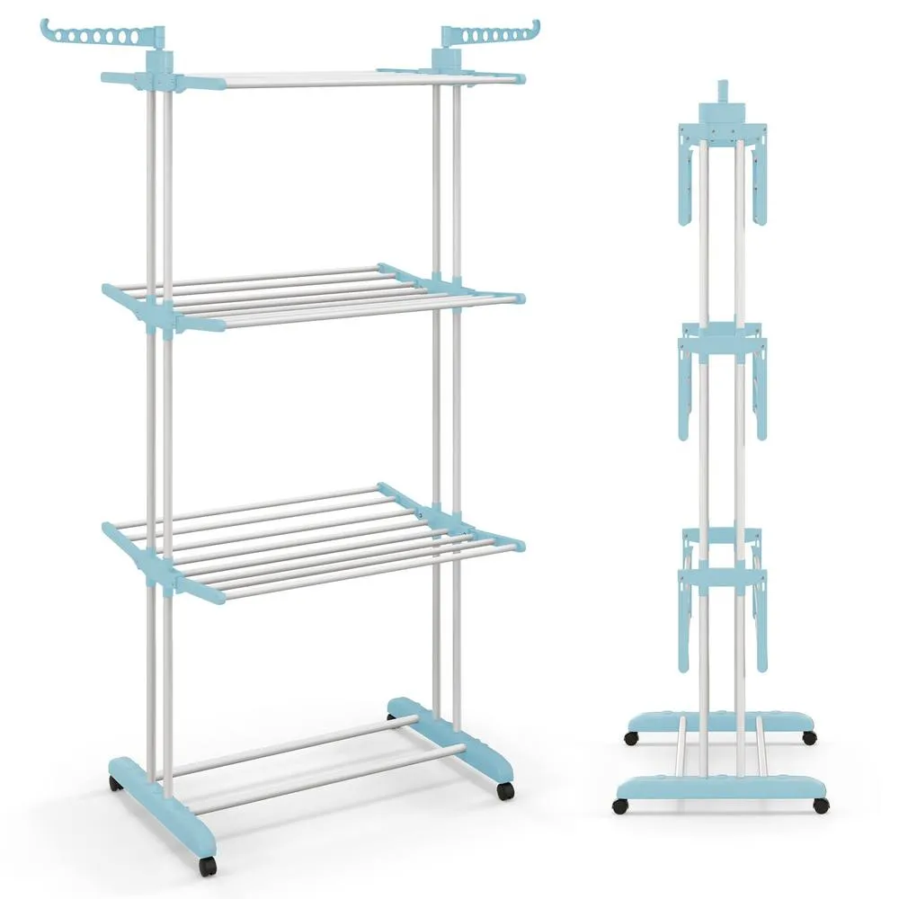 Costway Foldable Clothes Drying Rack Oversized 4-Tier Collapsible Laundry Rack in Blue