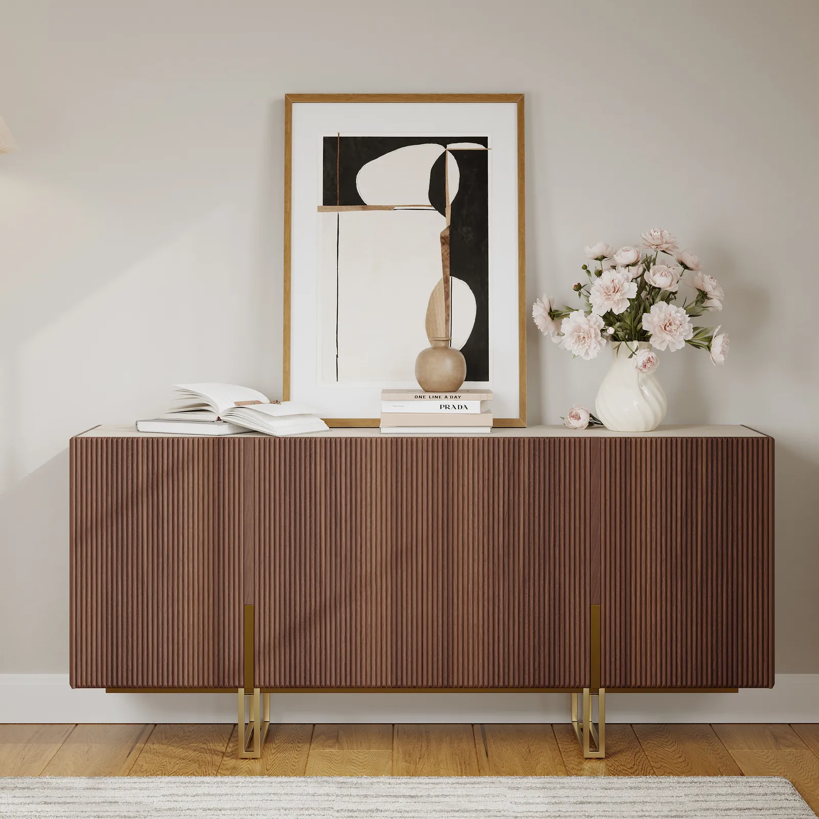Grovyn 1200mm Buffet Sideboard Sintered Stone Top Walnut Fluted with Adjustable Shelves