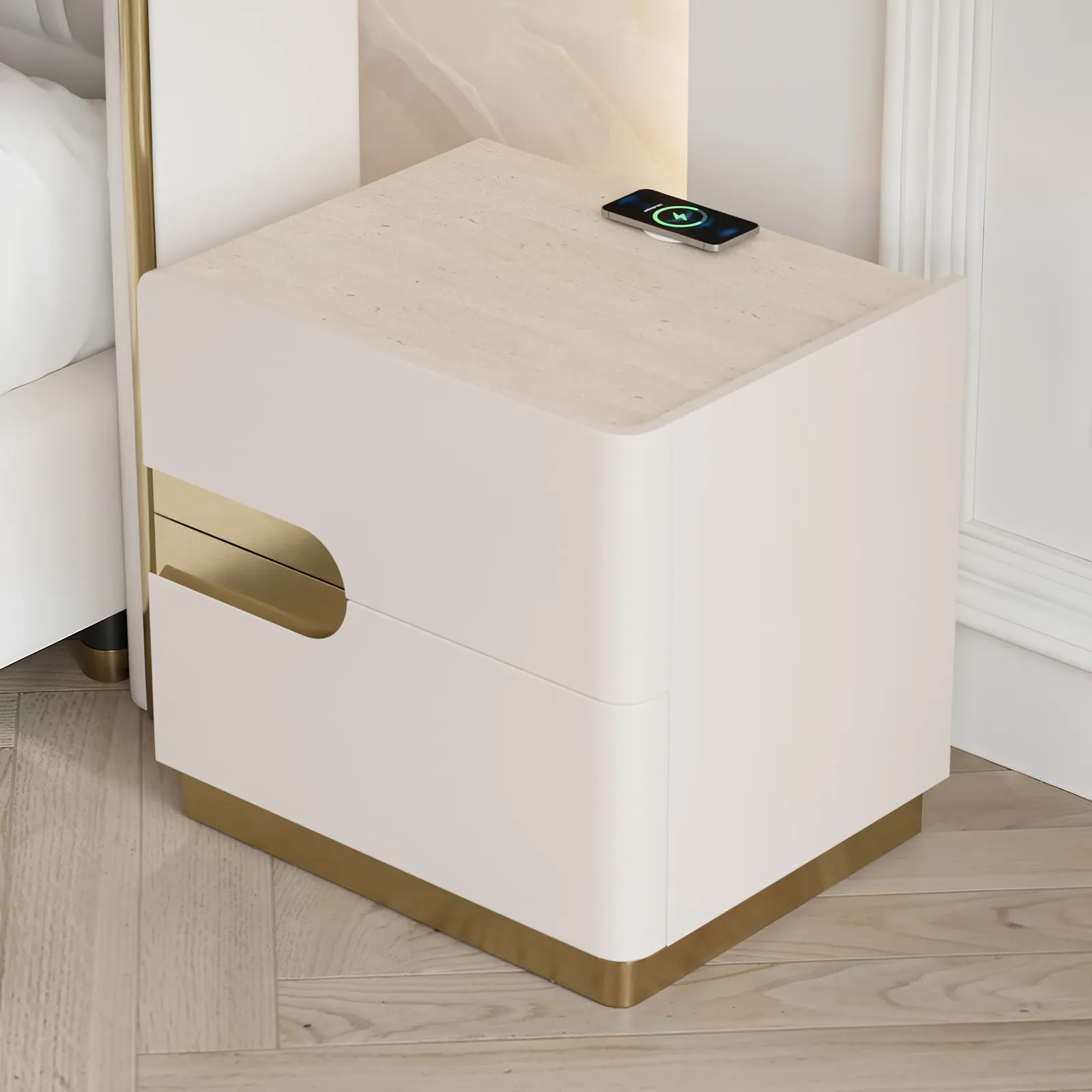 50 cm Smart 2-Drawer Bedside Table with Sintered Stone Top & Charging Station