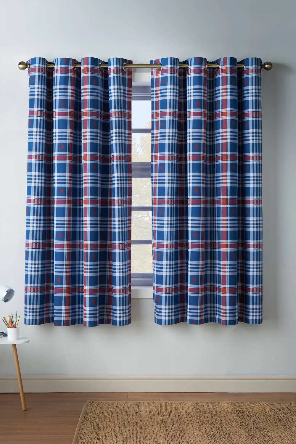 Catherine Lansfield 'Stars & Check' Fully Reversible Eyelet Curtains in Blue