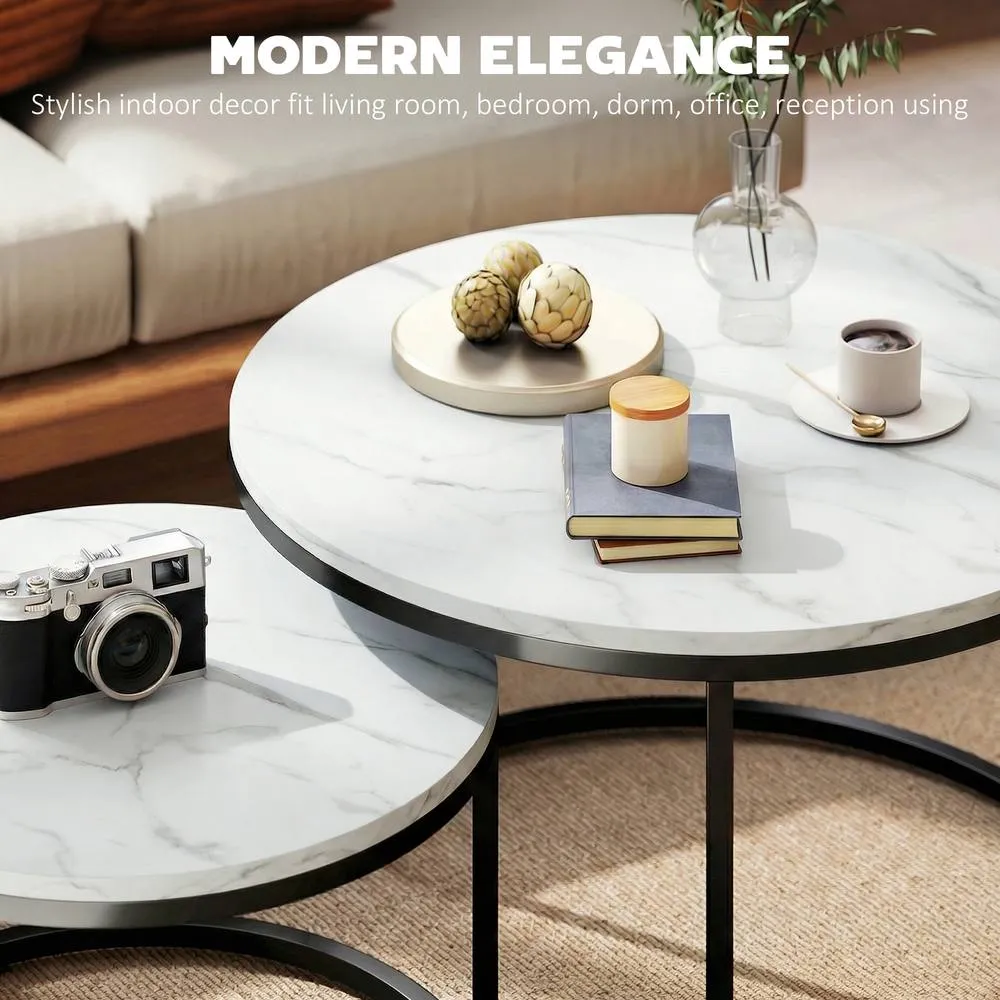 HOMCOM 2 Pcs Stacking Coffee Table Set Steel Frame in White 4