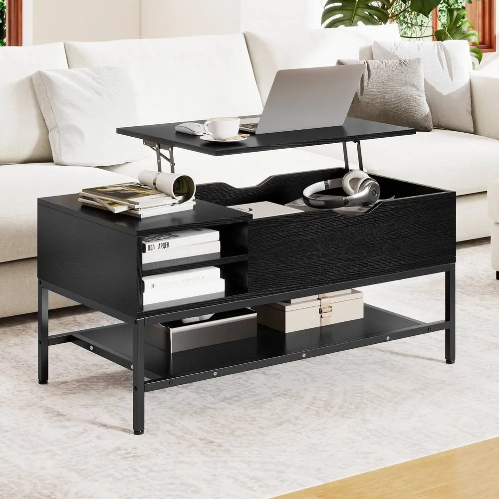 Costway Lift Top Coffee Table Living Room Table w/ Storage Shelf-Black in Black 3