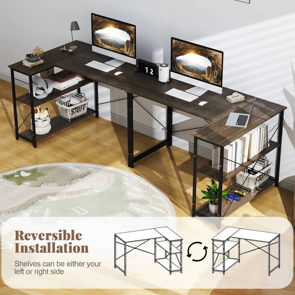 Costway L-shaped Computer Desk Reversible Corner Desk w/Adjustable Shelf-Grey in Grey