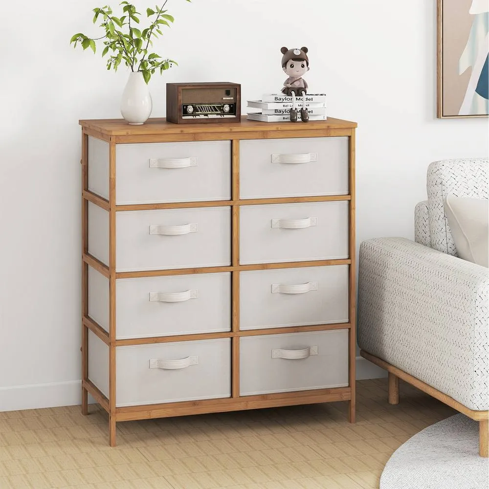 Costway 8-Drawer Dresser Bamboo Storage Tower w/Foldable Fabric Drawers-Beige in Beige