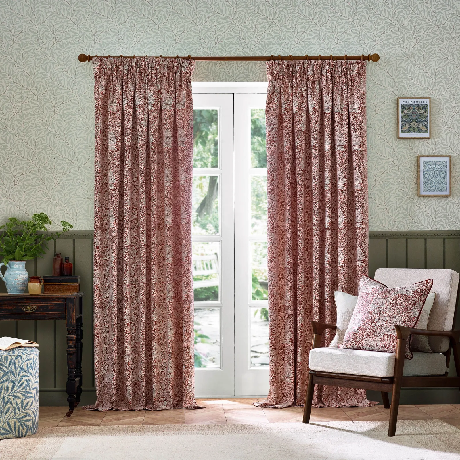 Morris & Co Marigold Jacquard Floral Room Darkening Pencil Pleat Curtains in Red 2
