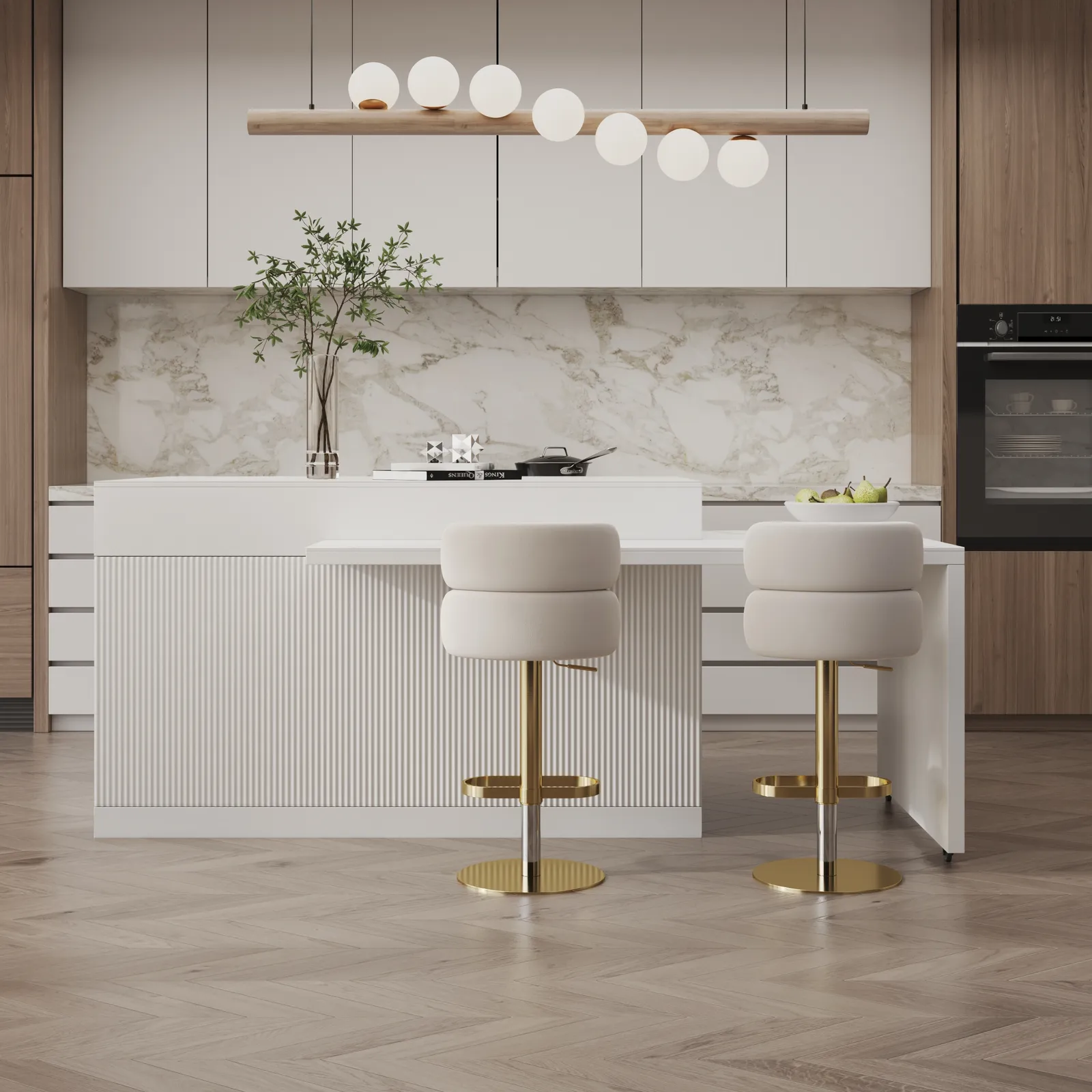205 - 270 cm Modern Extendable Sintered Stone Kitchen lsland Withe with Doors and Drawers