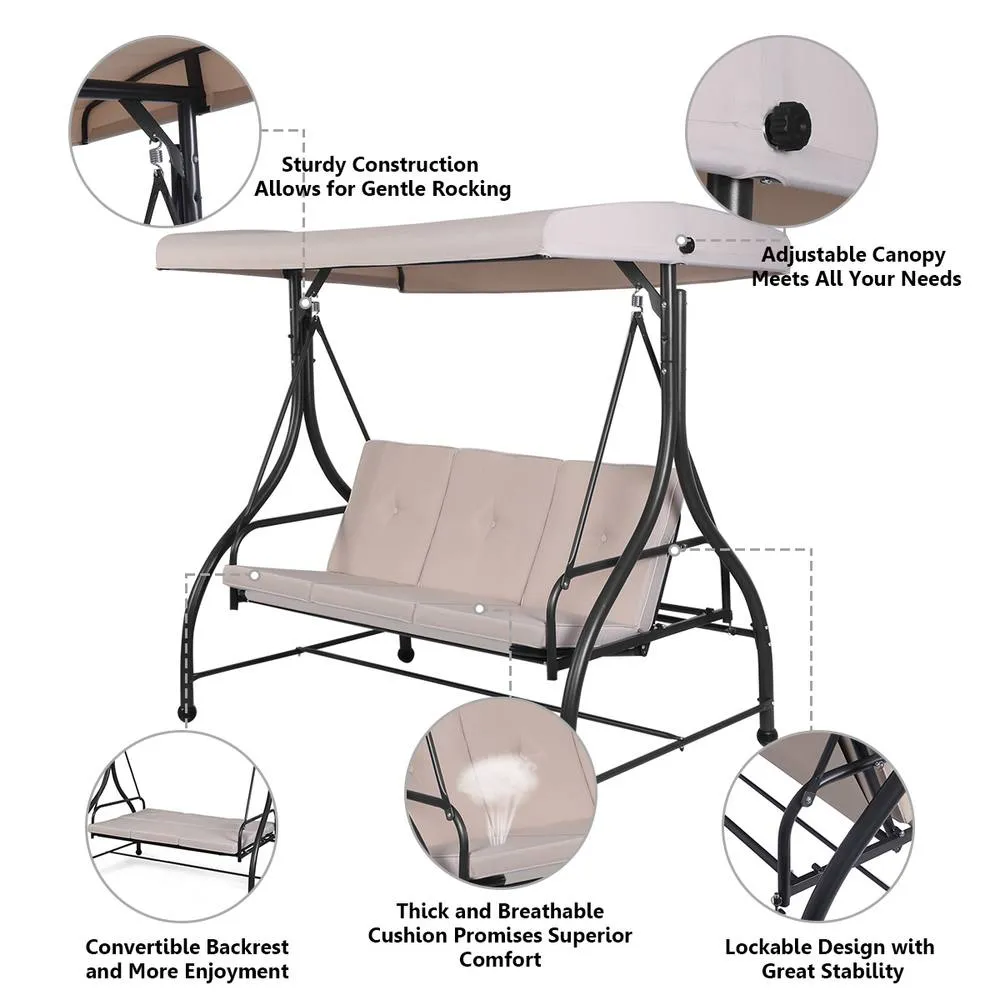 Costway Garden Patio Swing Chair 3 Seater Hammock Bench Convertible Canopy Cushion Seats in Beige 3
