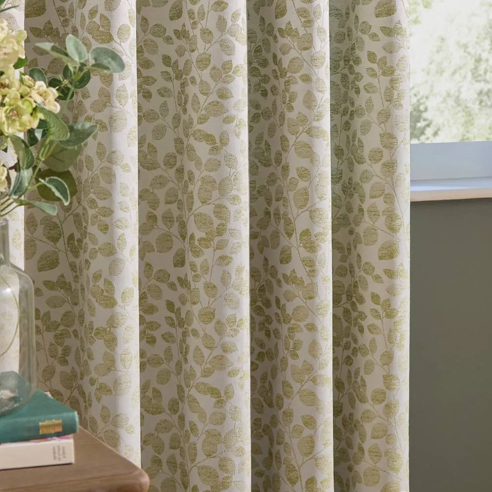 Wylder Grace Leaf Jacquard Fully Lined Pencil Pleat Curtain Pair in Pale Green 3