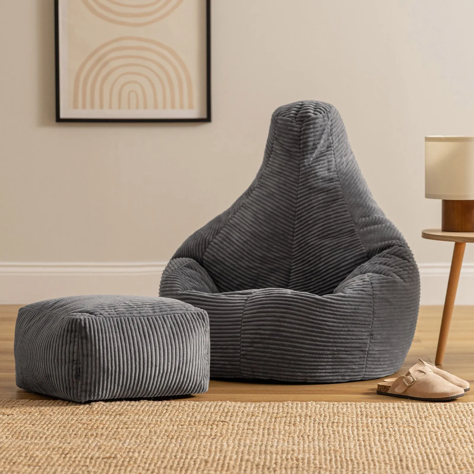 icon Gaming Bean Bag Recliner & Footstool, Corduroy in Charcoal