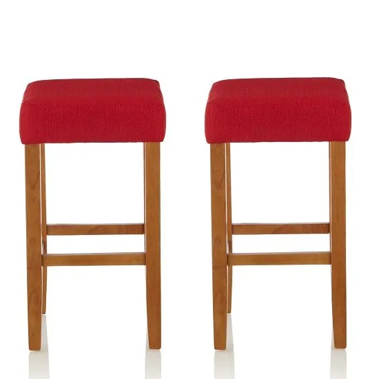 Newark Bar Stools In Red Fabric And Oak Legs In A Pair