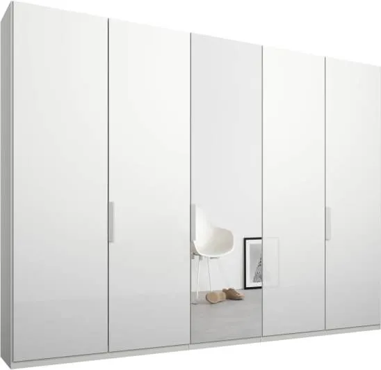 Caren 5 door  250cm Hinged Wardrobe, White Frame, White Glass & Mirror Doors, Premium Interior