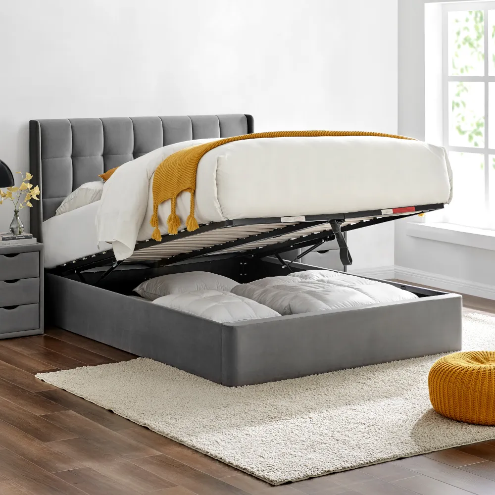Percy Grey Velvet Ottoman Storage Bed Frame - 4ft6 Double