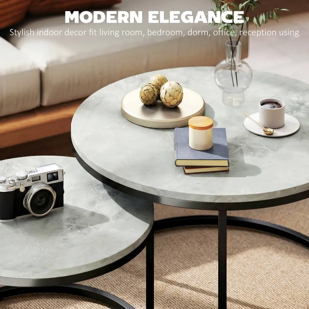 HOMCOM 2 Pcs Stacking Coffee Table Set Steel Frame in Grey 4