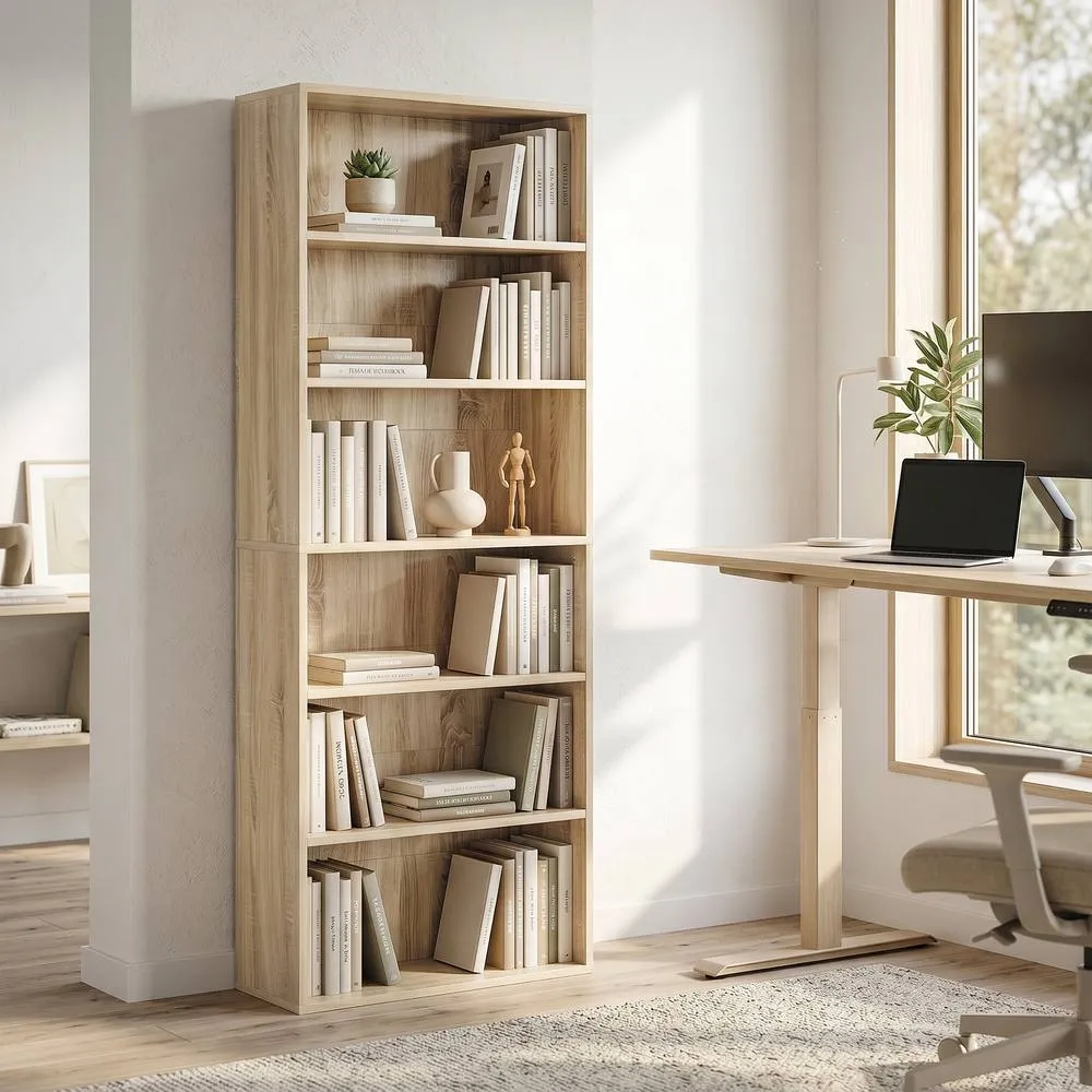 HOMCOM 6 Tier Bookcase, Freestanding Bookshelf with Adjustable Shelves, Oak in Natural
