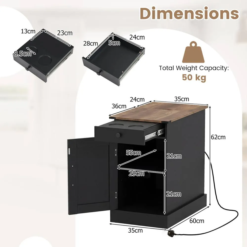 Costway Bedroom End Table with Charging Station in Black 2