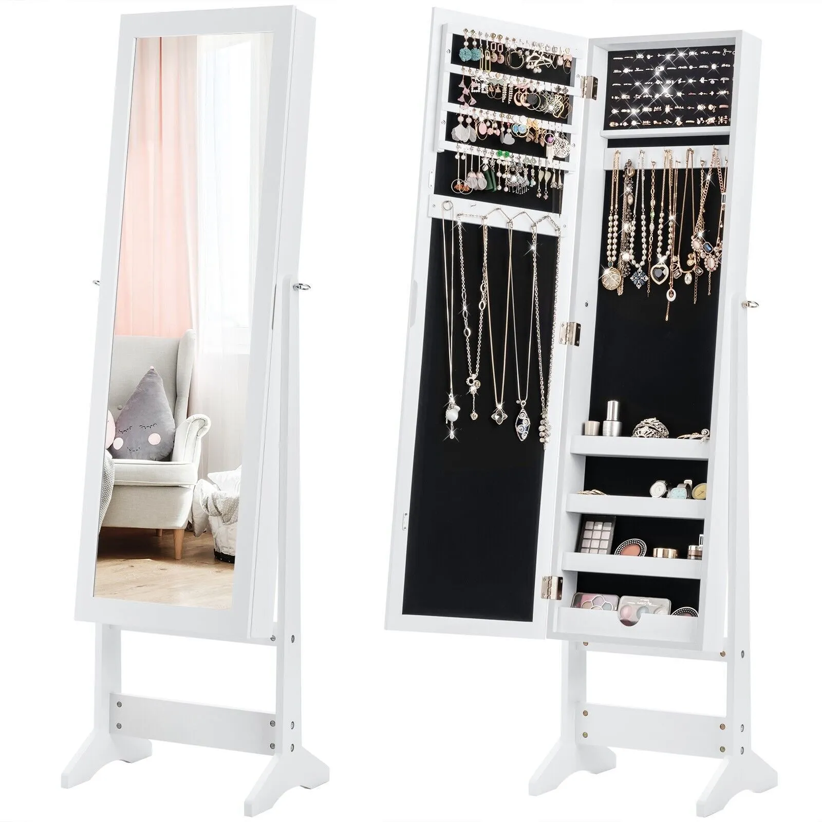 Costway Mirrored Jewelry Armoire Standing Jewelry Cabinet w/ Full-Length Mirror in White