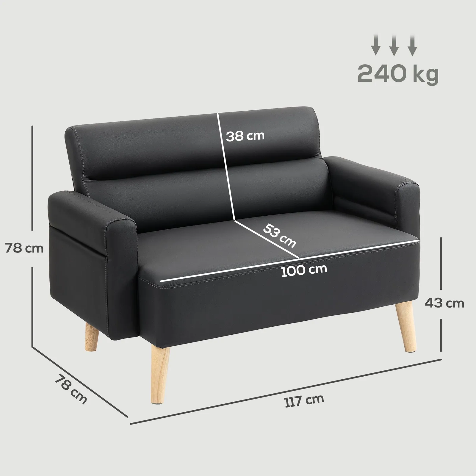 HOMCOM 2 Seater Sofa Settee, Modern Faux Leather Couch with Wood Legs in Black 3