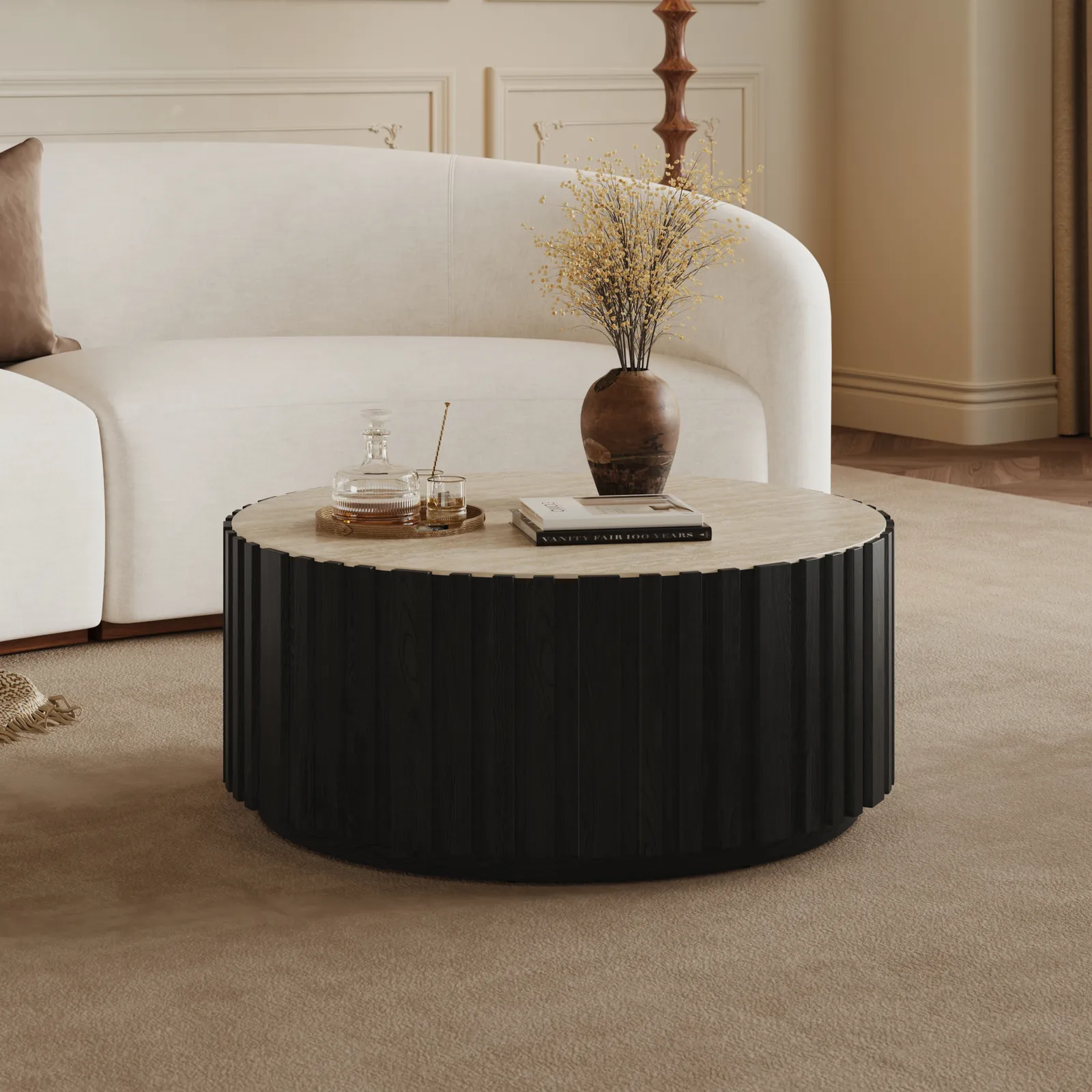 Aura 35" Ash Wood Slatted Round Coffee Table with Sintered Stone Top