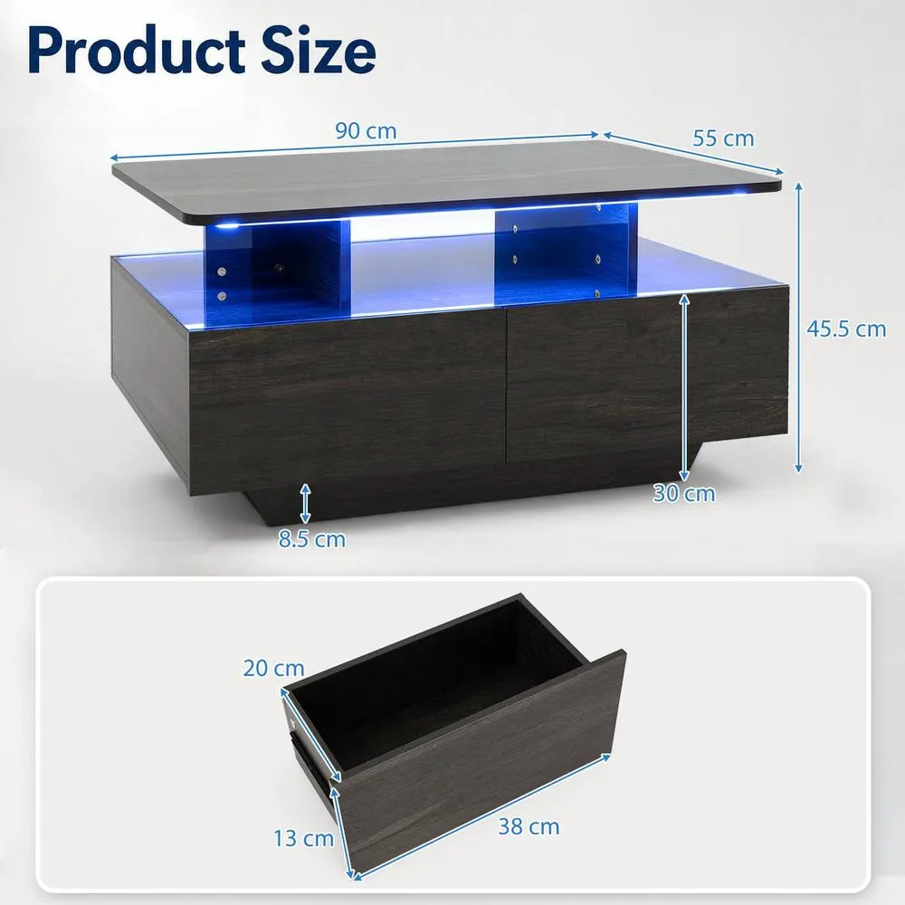 Costway Coffee Table 20-Colour Lighted High Glossy Center Table With 2 Drawers in Grey 2