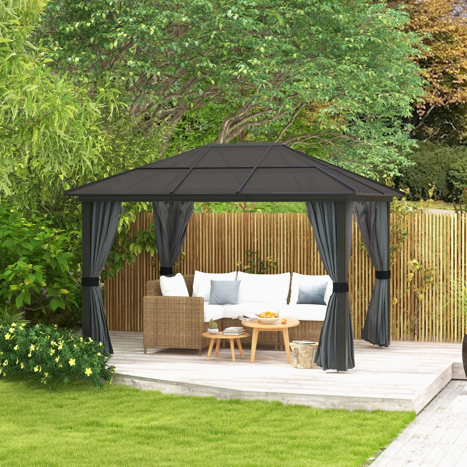 OUTSUNNY Hardtop Gazebo Canopy with Mosquito Netting & Curtains in Black