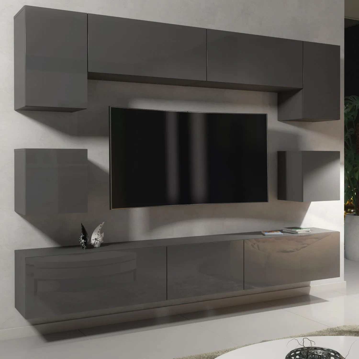 Creative Furniture Panorama Wall TV Unit - A Sleek & Modern Wall Cabinet with Gloss Doors & LED Lights in Dark Grey 2
