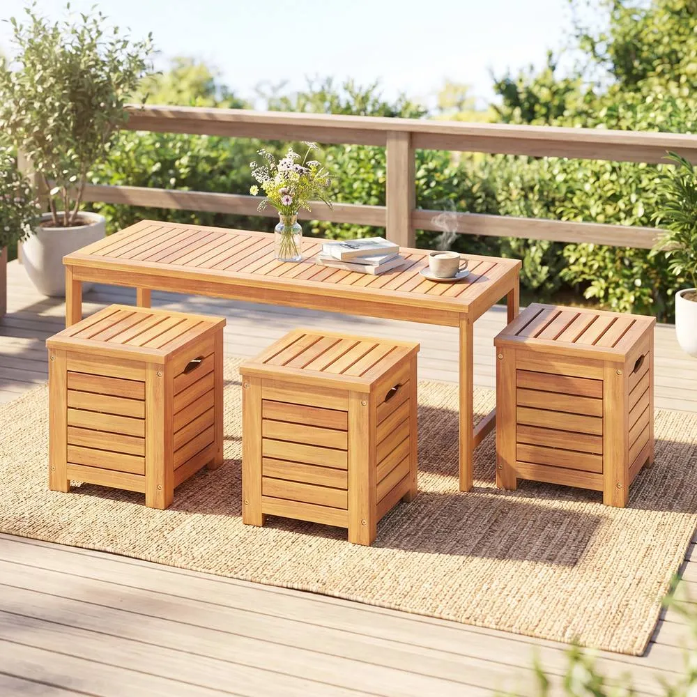 Costway 4PCS Outdoor Bench &Storage Box Set Acacia Wood Patio Bench&Deck Boxes in Natural