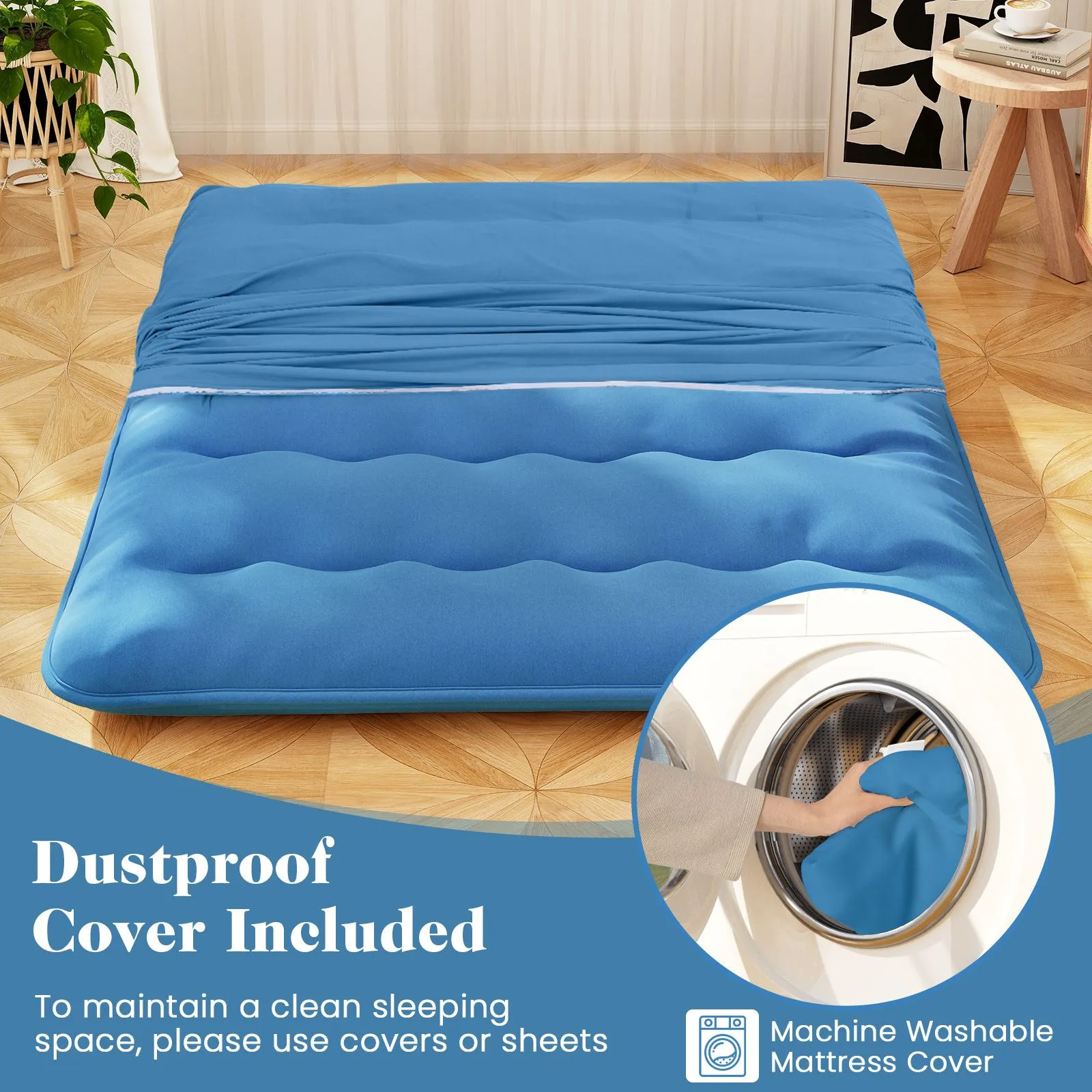 Costway Foldable Tatami Mat Floor Futon Mattress Roll up Sleeping Pad with Washable Cover, Small Double/Double/King Size in Navy 5